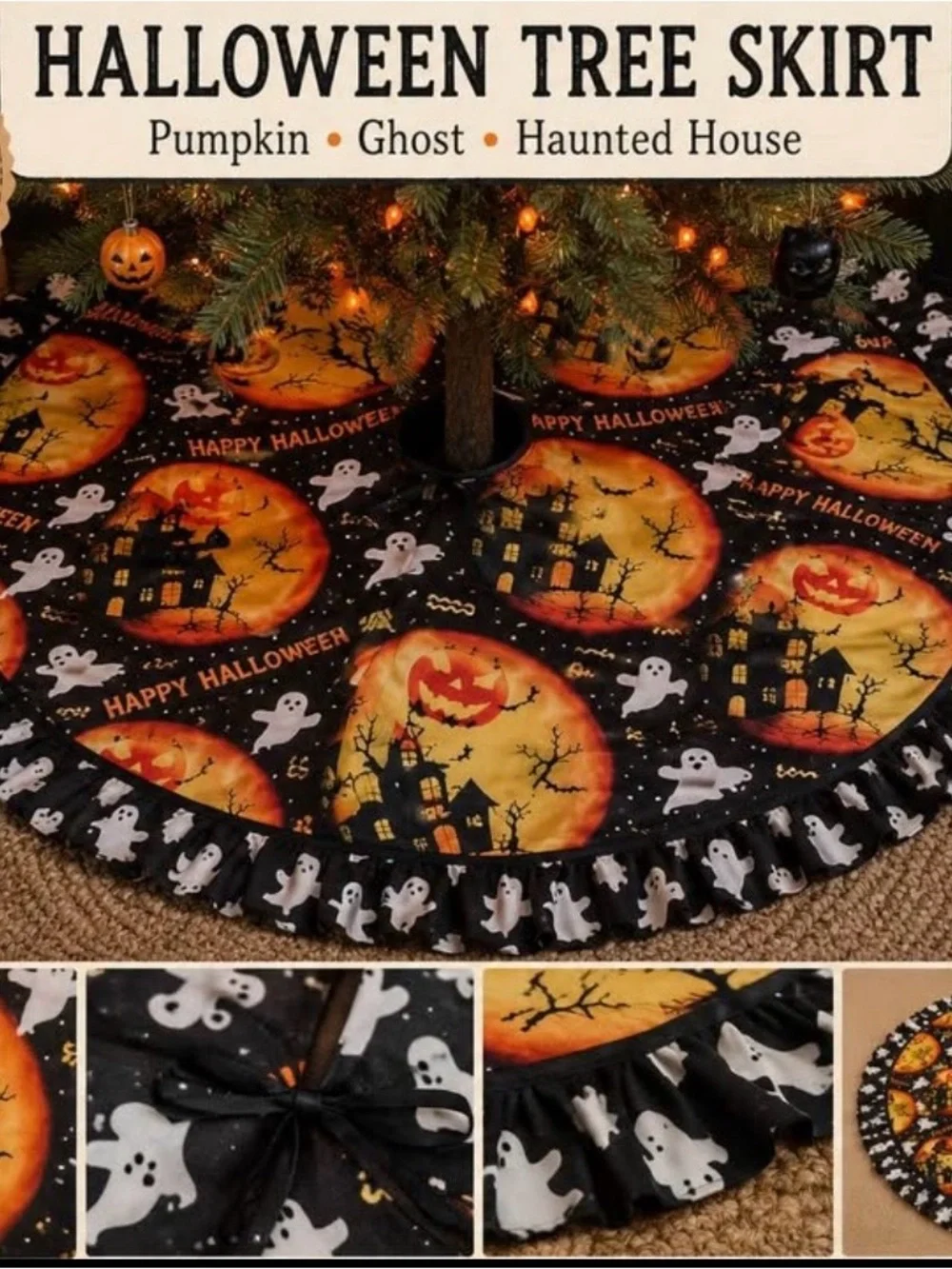 🎃 Halloween Pumpkin Ghost Haunted House Ruffle Tree Skirt